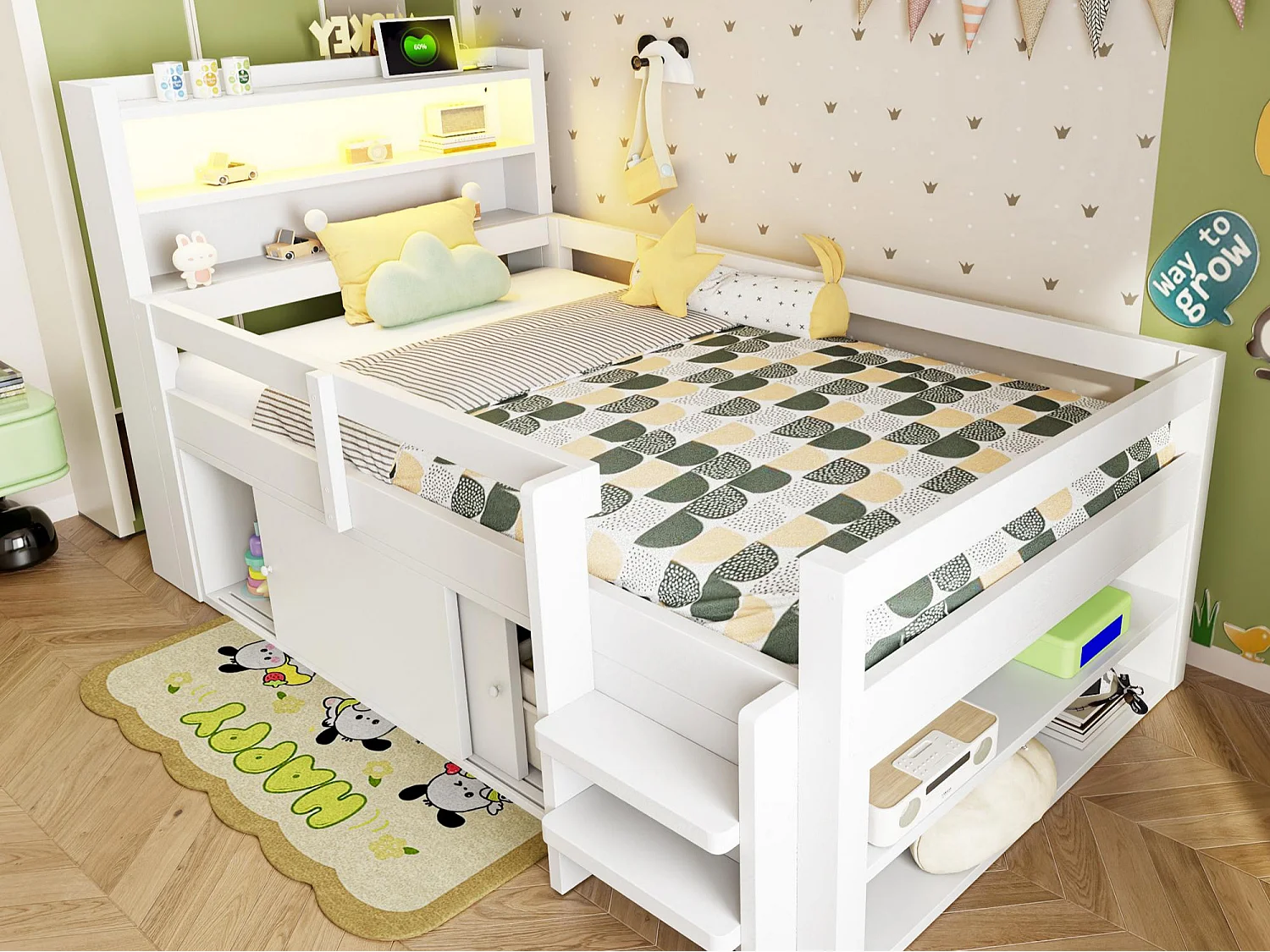Lit enfant 90 x 200 cm - avec étagères - avec compartiments de rangement - avec éclairage LED - avec port de chargement USB - blanc