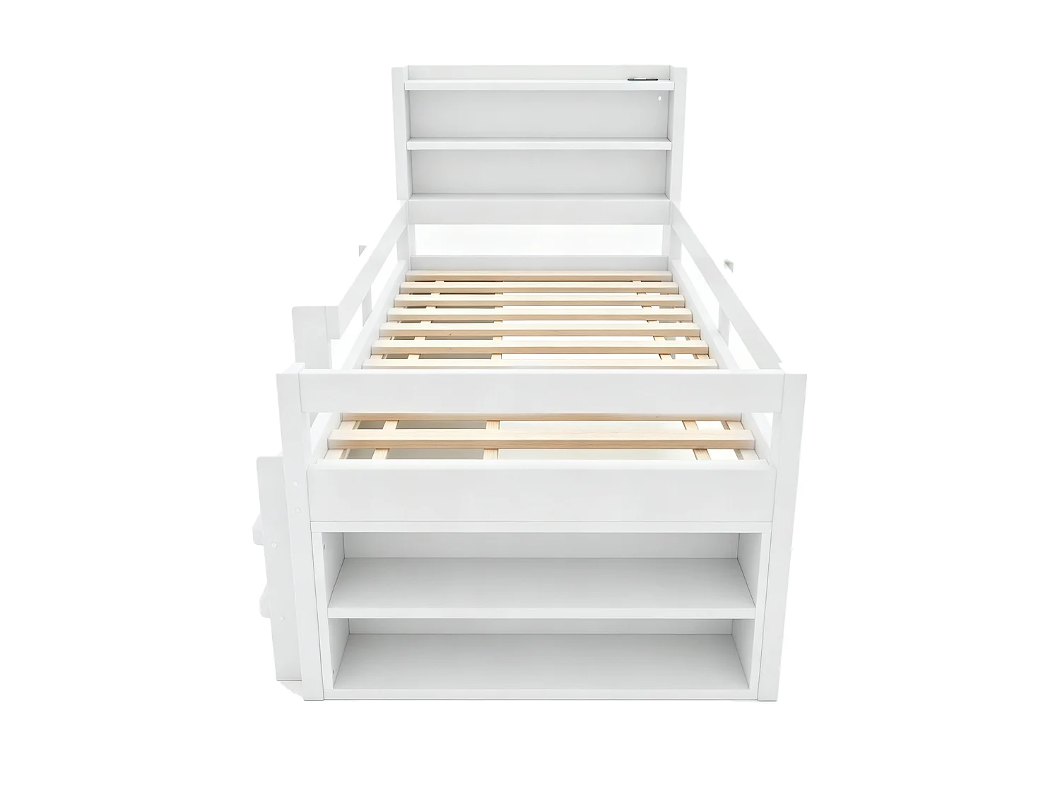 Lit enfant 90 x 200 cm - avec étagères - avec compartiments de rangement - avec éclairage LED - avec port de chargement USB - blanc