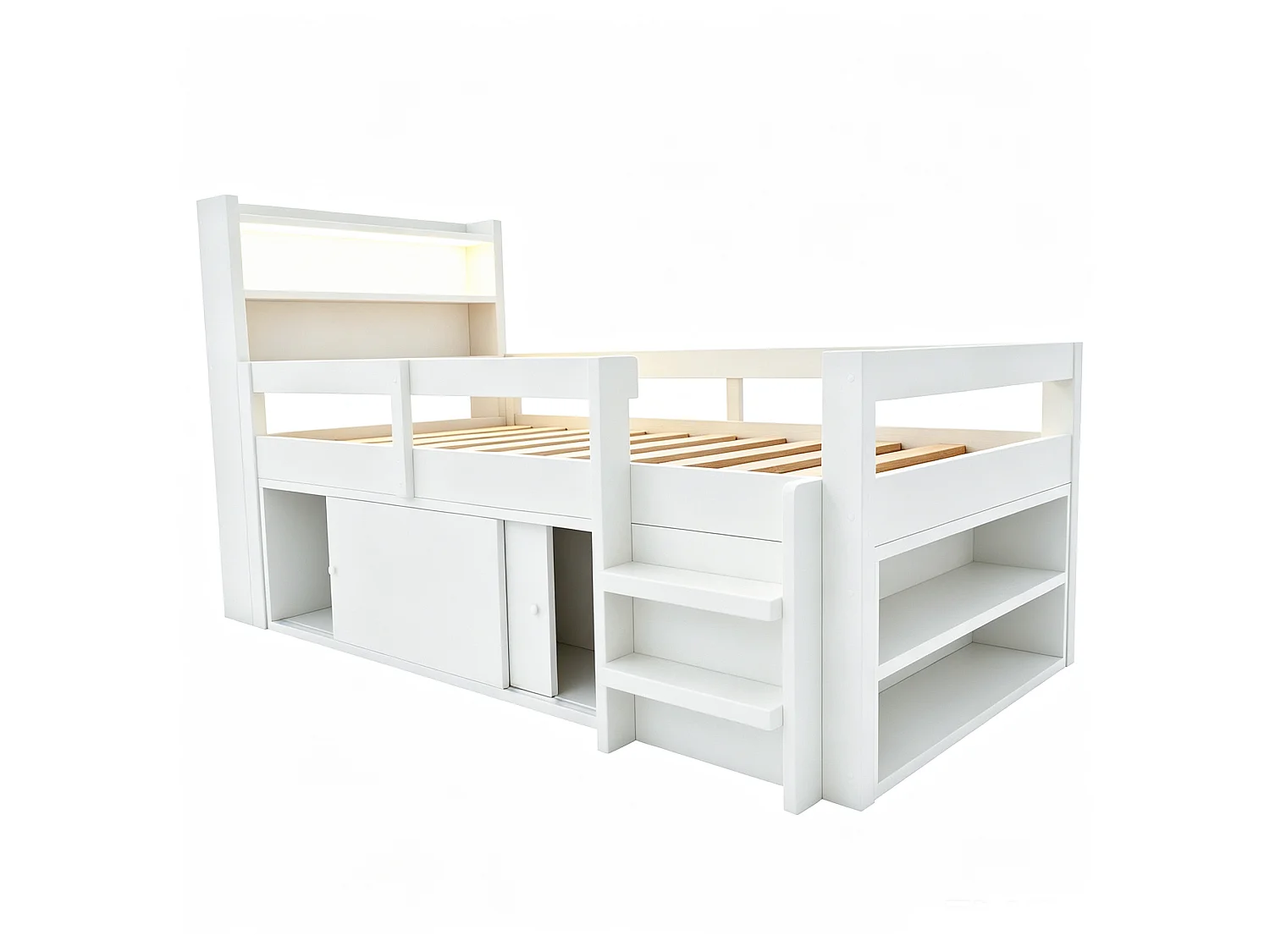 Lit enfant 90 x 200 cm - avec étagères - avec compartiments de rangement - avec éclairage LED - avec port de chargement USB - blanc