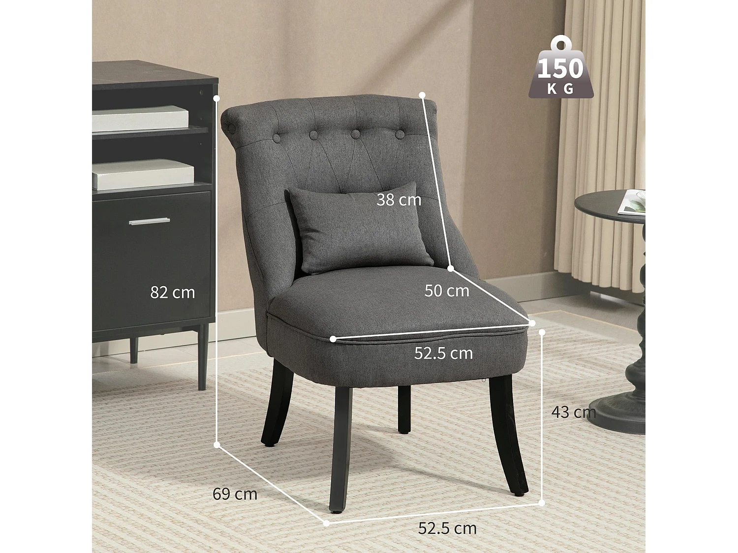 Fapa Charcoal Grey Tub Accent Chair Linen Look Fabric Button Tufted Back Solid Wood Legs