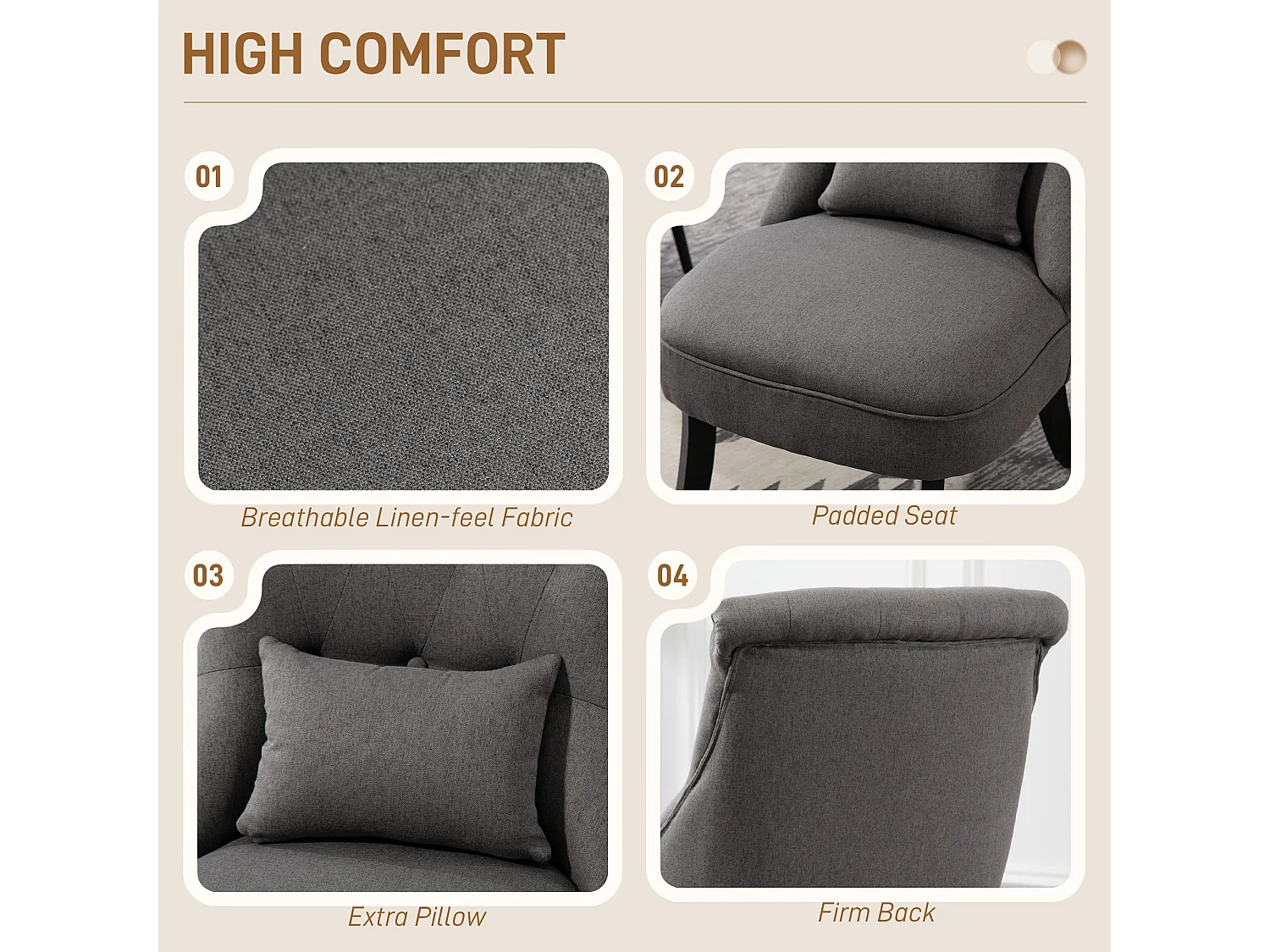 Fapa Charcoal Grey Tub Accent Chair Linen Look Fabric Button Tufted Back Solid Wood Legs