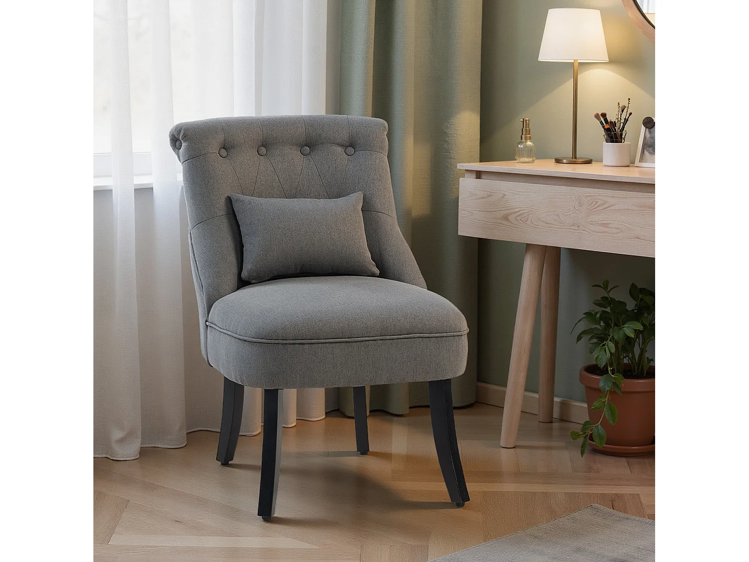 Fapa Charcoal Grey Tub Accent Chair Linen Look Fabric Button Tufted Back Solid Wood Legs