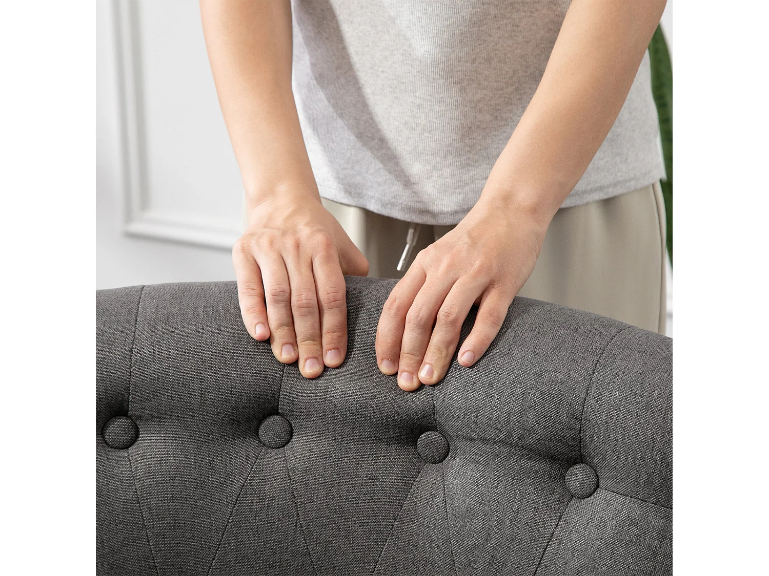 Fapa Charcoal Grey Tub Accent Chair Linen Look Fabric Button Tufted Back Solid Wood Legs