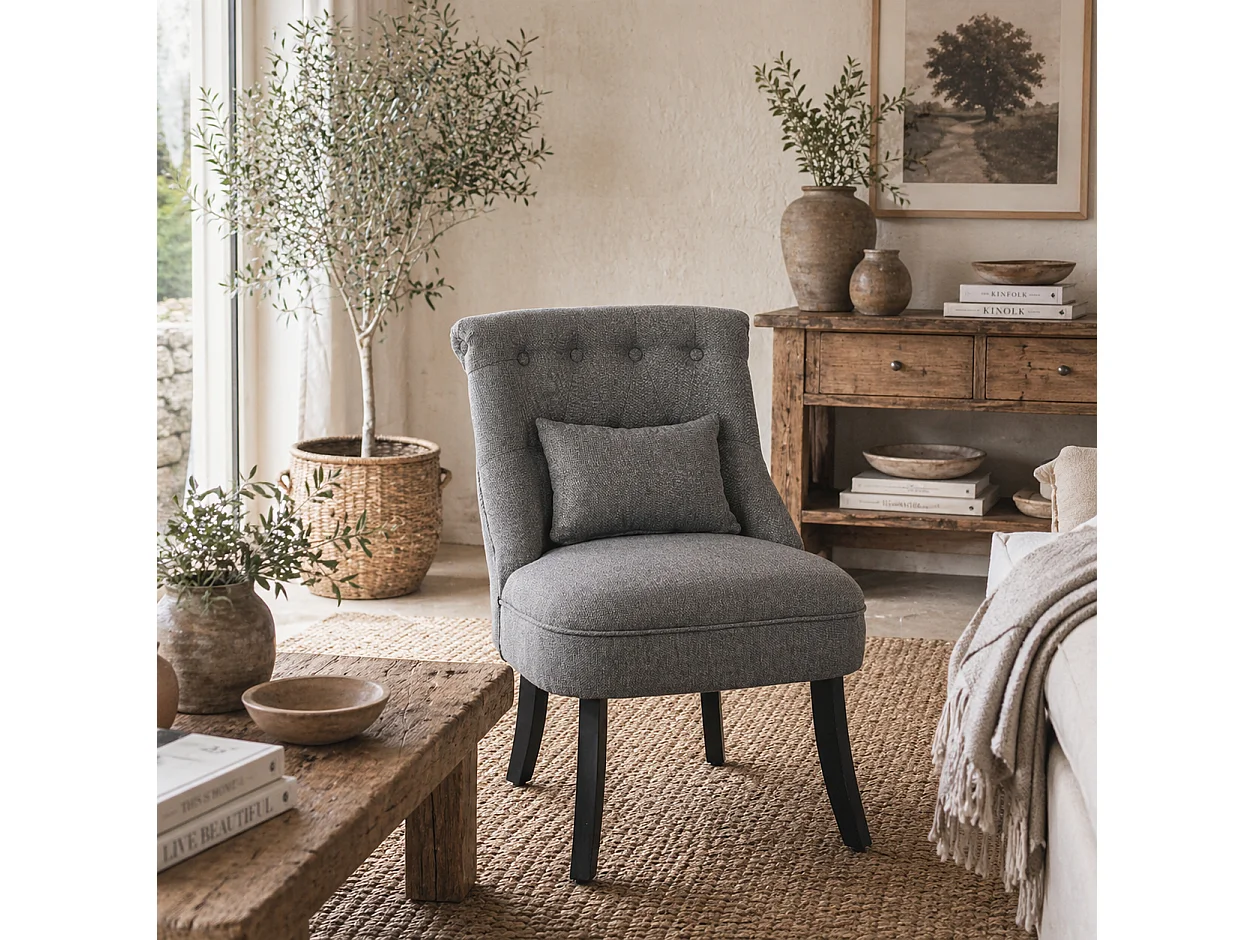 Fapa Charcoal Grey Tub Accent Chair Linen Look Fabric Button Tufted Back Solid Wood Legs