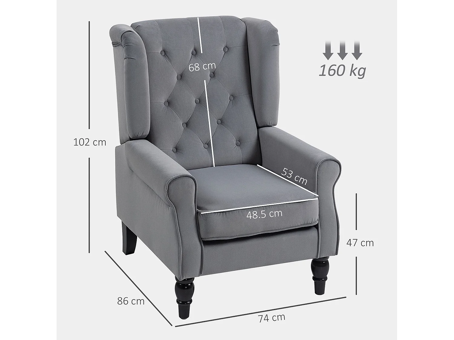 Linimo Light Grey Wingback Accent Chair Retro Button Tufted Velvet Feel Upholstery