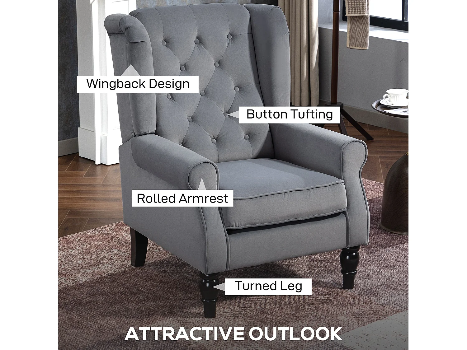 Linimo Light Grey Wingback Accent Chair Retro Button Tufted Velvet Feel Upholstery