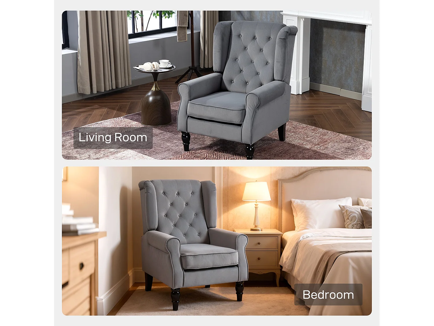 Linimo Light Grey Wingback Accent Chair Retro Button Tufted Velvet Feel Upholstery