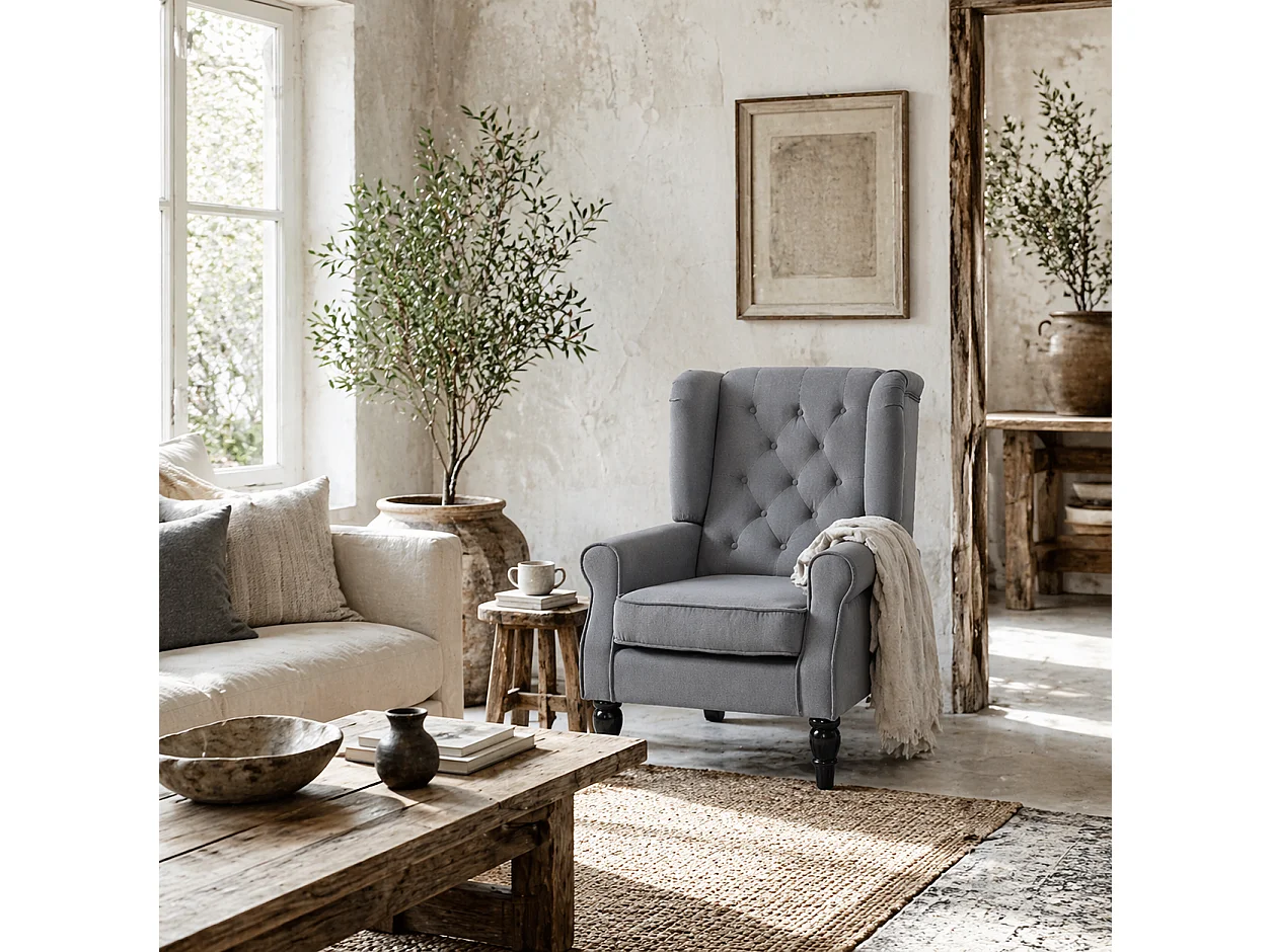 Linimo Light Grey Wingback Accent Chair Retro Button Tufted Velvet Feel Upholstery