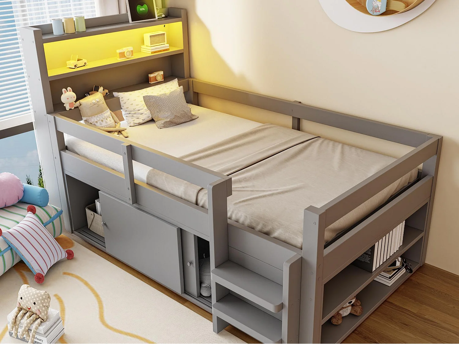 Lit enfant 90 x 200 cm - avec étagères - avec compartiments de rangement - avec éclairage LED - avec port de chargement USB - gris