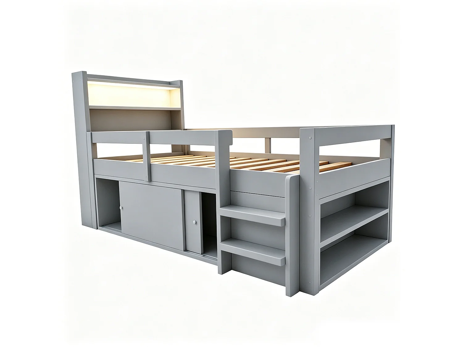 Lit enfant 90 x 200 cm - avec étagères - avec compartiments de rangement - avec éclairage LED - avec port de chargement USB - gris