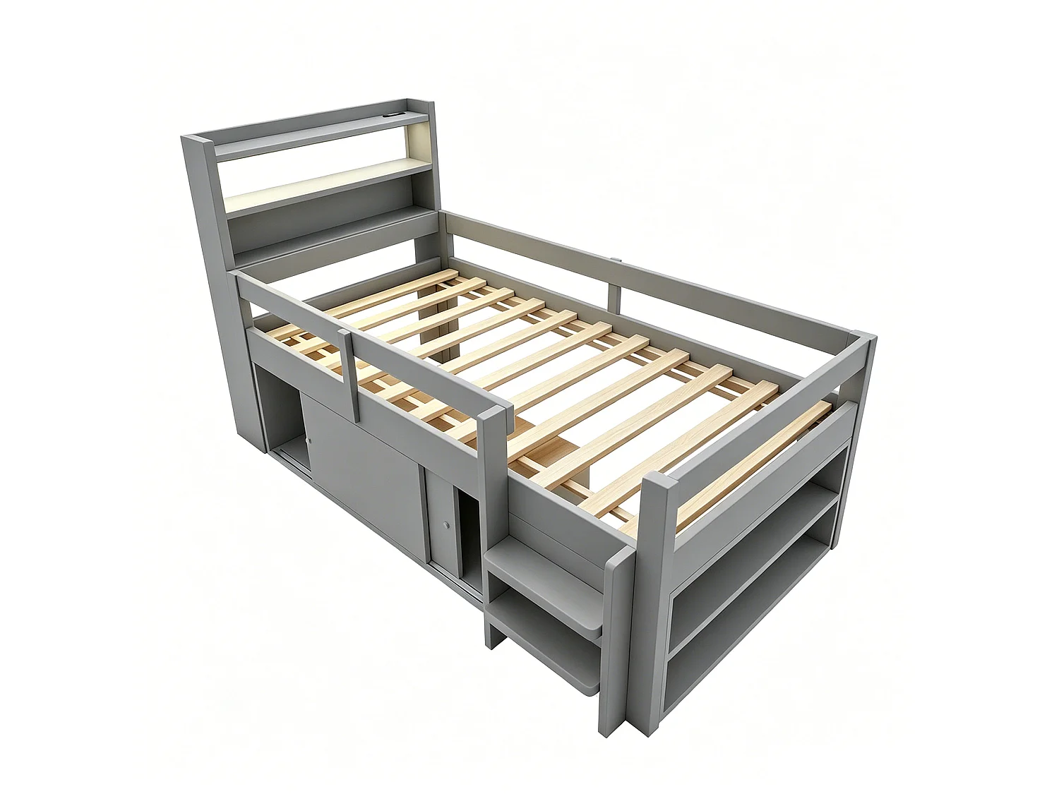 Lit enfant 90 x 200 cm - avec étagères - avec compartiments de rangement - avec éclairage LED - avec port de chargement USB - gris