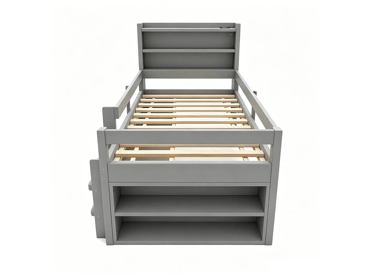Lit enfant 90 x 200 cm - avec étagères - avec compartiments de rangement - avec éclairage LED - avec port de chargement USB - gris