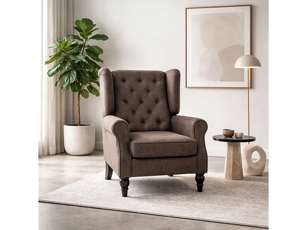 Mizi Fabric Brown Wingback Accent Chair Button Tufted Snow Flannel Upholstery