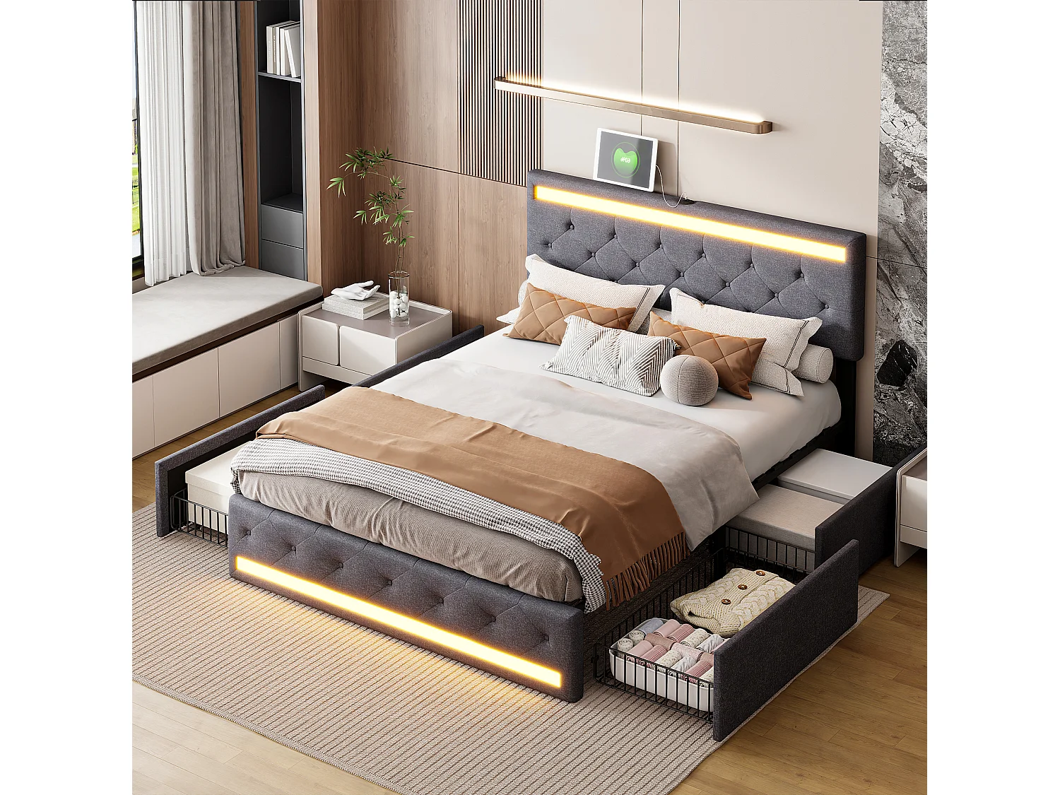 Lit Double 140x200 cm avec Sommier à Lattes LED et USB, Lit Coffre avec 4 Tiroirs, Tête de lit Rembourrée Ajustable, lit capitonné avec Rangement, Lin, Gris Foncé