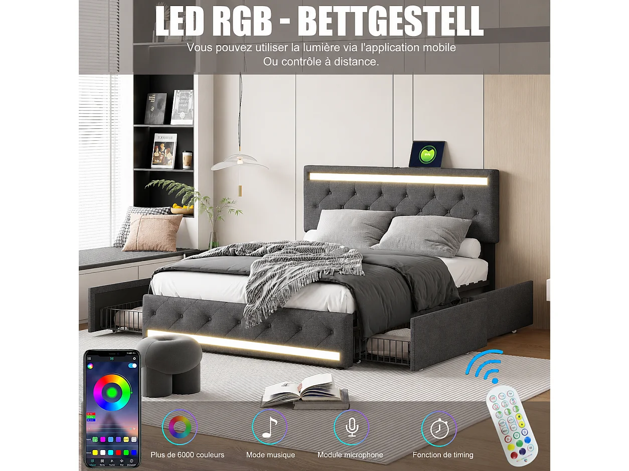 Lit Double 140x200 cm avec Sommier à Lattes LED et USB, Lit Coffre avec 4 Tiroirs, Tête de lit Rembourrée Ajustable, lit capitonné avec Rangement, Lin, Gris Foncé