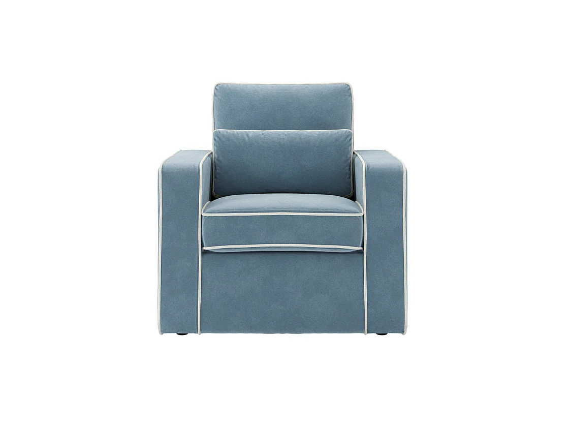 Moose Retro Duck Egg Blue Velvet Armchair with Ivory Piping