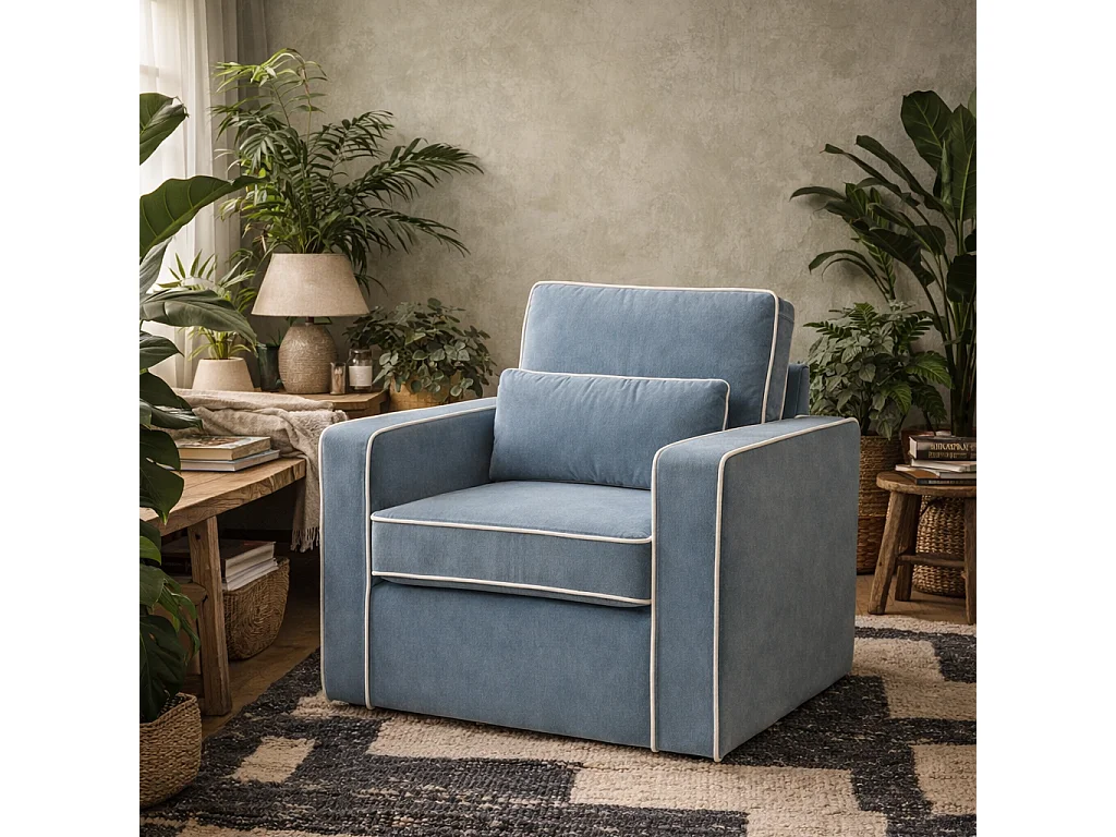 Moose Retro Duck Egg Blue Velvet Armchair with Ivory Piping