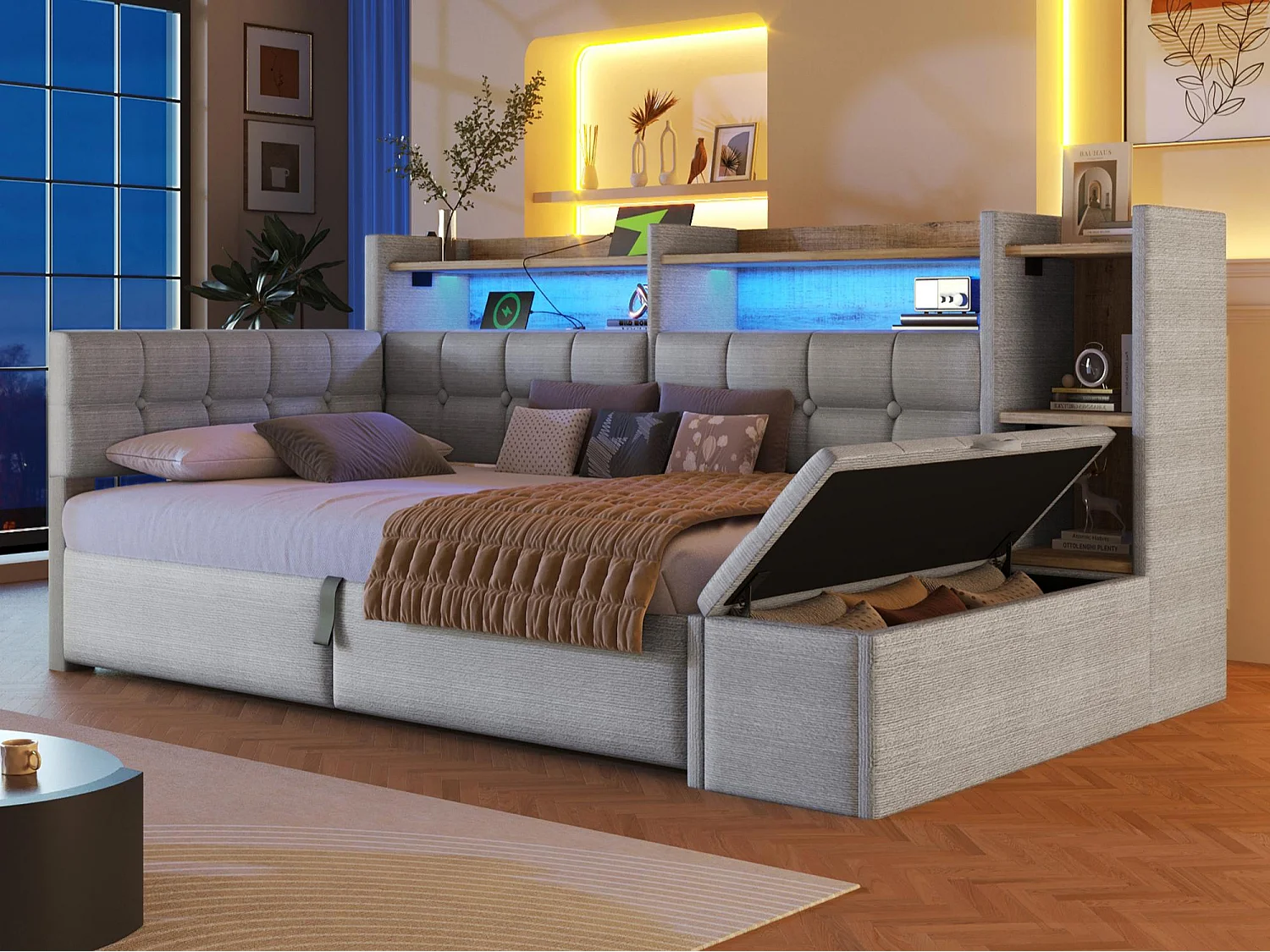 Bäddsoffa med förvaring 90 × 200 cm - med USB + Type-C-portar - förvaringsbänk vid sängens fotände - med LED-ljusslinga - grå
