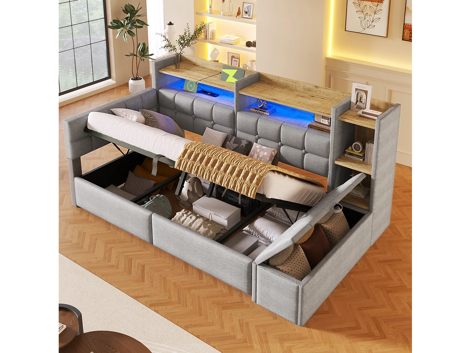 Bäddsoffa med förvaring 90 × 200 cm - med USB + Type-C-portar - förvaringsbänk vid sängens fotände - med LED-ljusslinga - grå