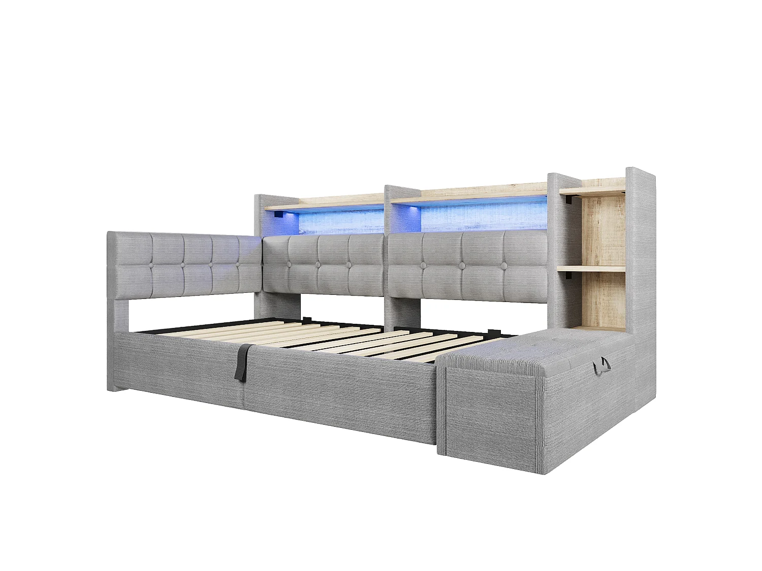 Bäddsoffa med förvaring 90 × 200 cm - med USB + Type-C-portar - förvaringsbänk vid sängens fotände - med LED-ljusslinga - grå