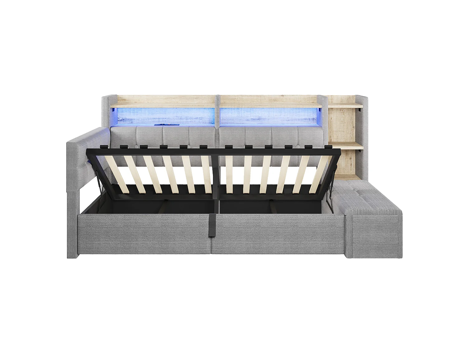 Bäddsoffa med förvaring 90 × 200 cm - med USB + Type-C-portar - förvaringsbänk vid sängens fotände - med LED-ljusslinga - grå