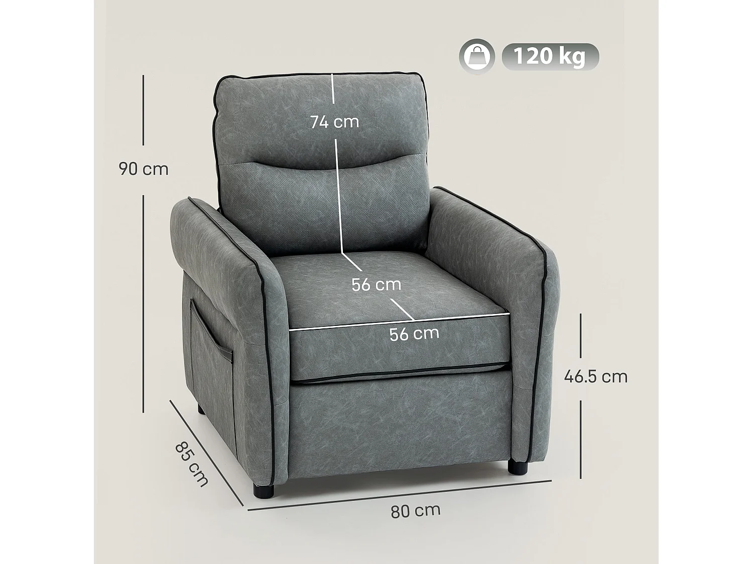 Pamazi Grey Faux Leather Accent Armchair 80W x 85D x 90Hcm