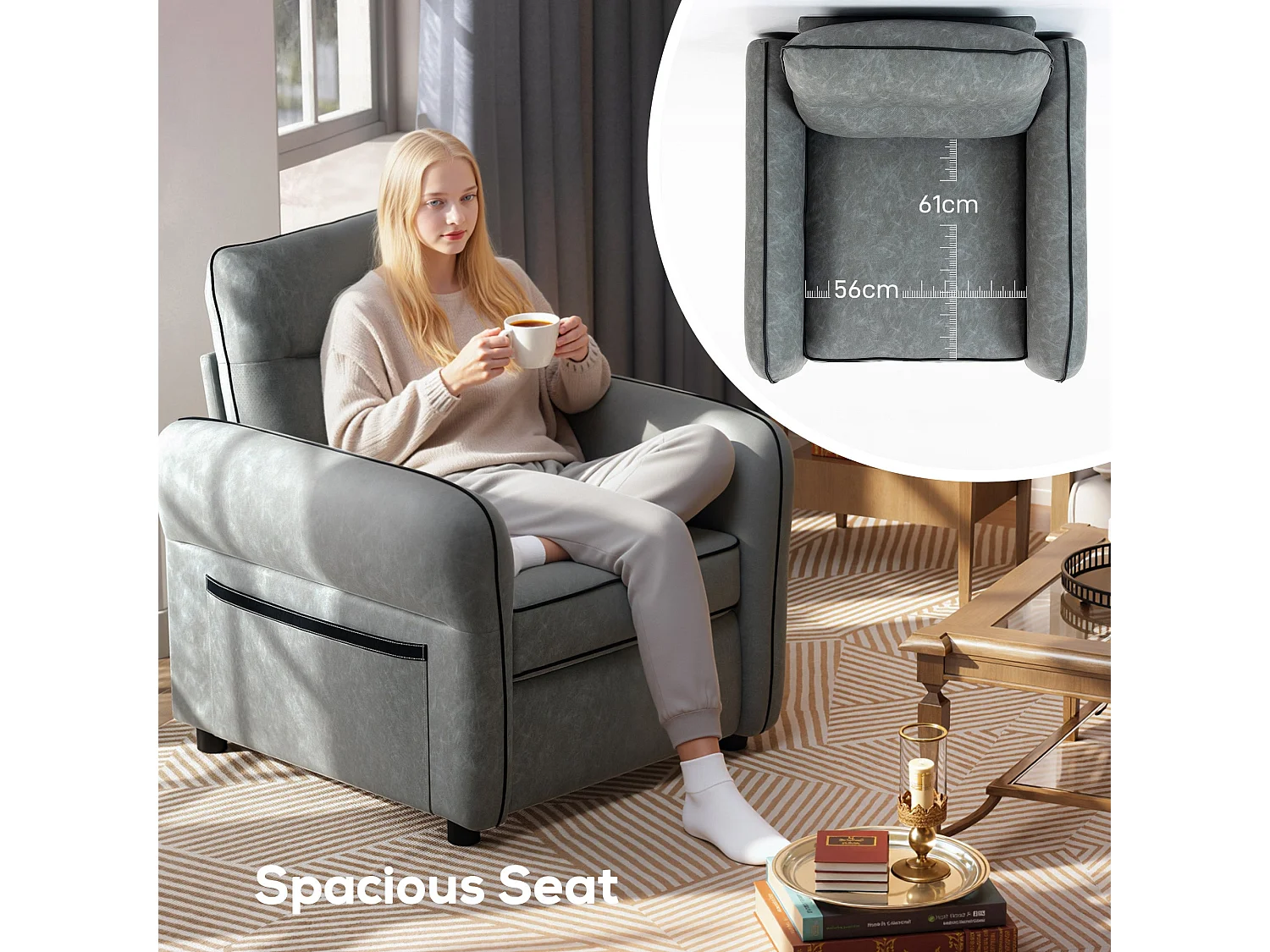 Pamazi Grey Faux Leather Accent Armchair 80W x 85D x 90Hcm