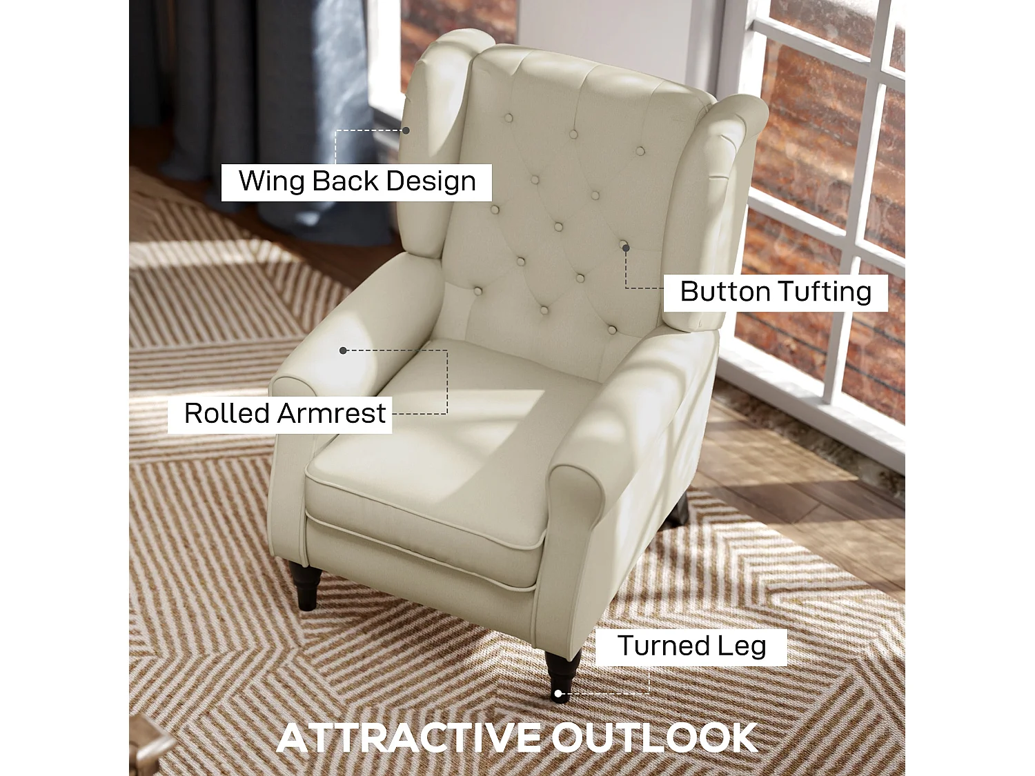 Vipamo Cream White Wingback Accent Chair Button Tufted Snow Flannel Upholstery