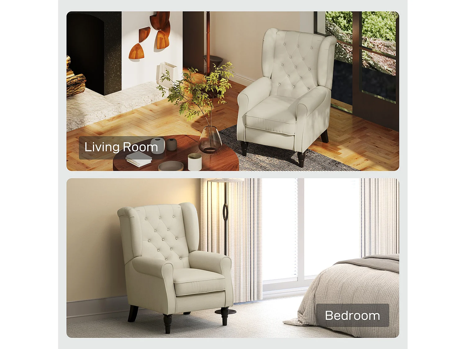 Vipamo Cream White Wingback Accent Chair Button Tufted Snow Flannel Upholstery