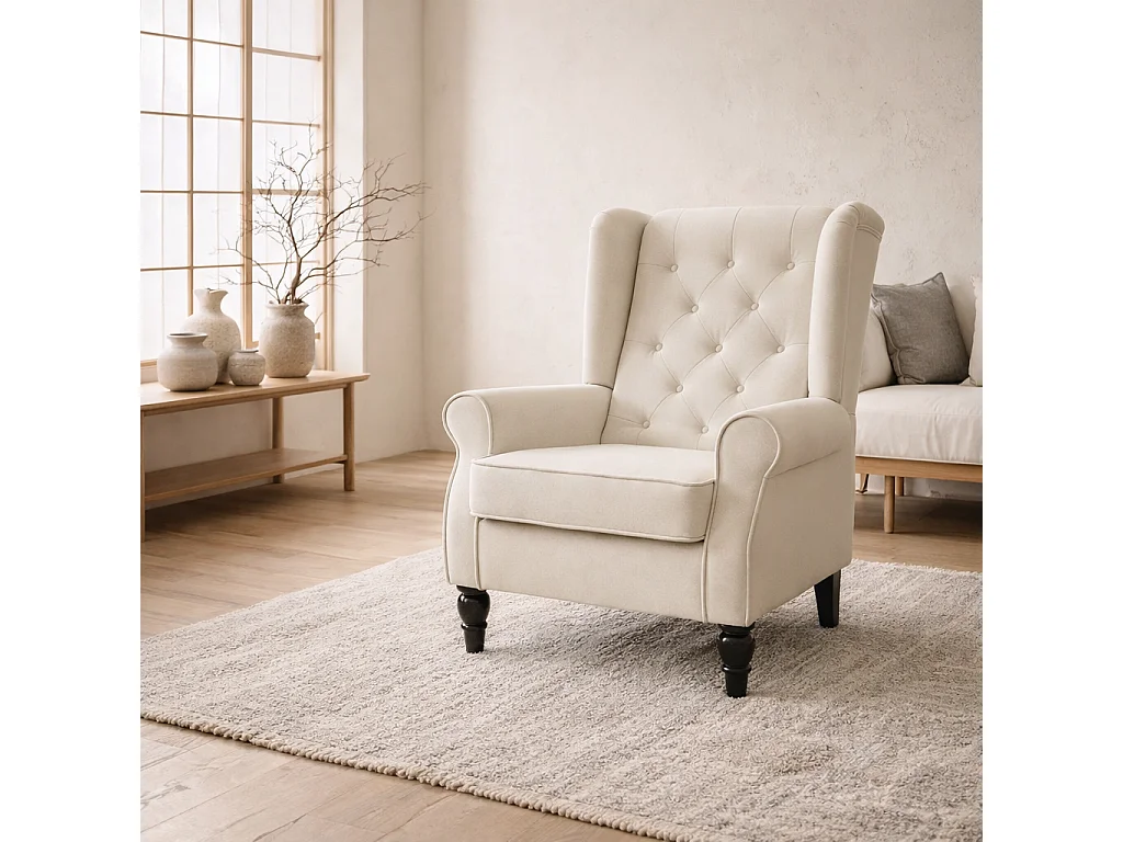 Vipamo Cream White Wingback Accent Chair Button Tufted Snow Flannel Upholstery