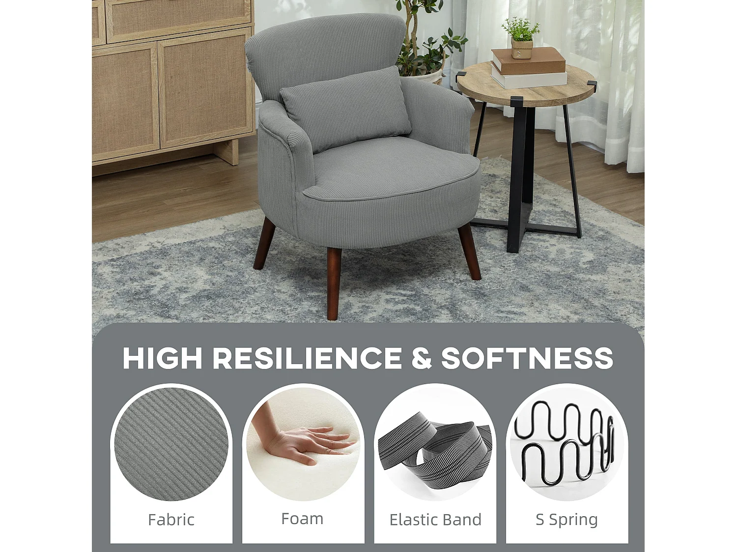 Zile Corduroy Accent Chair Light Grey Retro Wingback Angled Wooden Legs