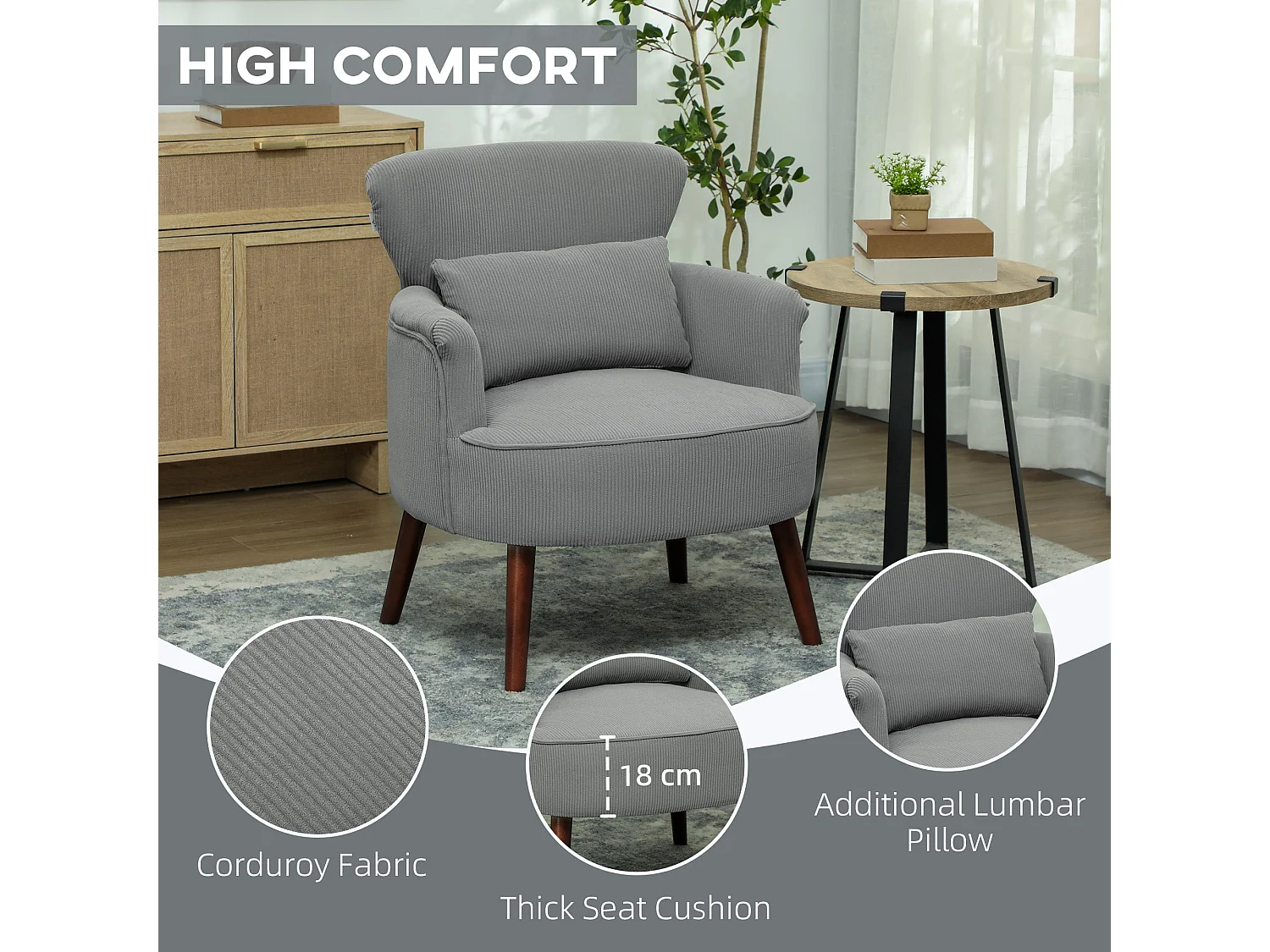 Zile Corduroy Accent Chair Light Grey Retro Wingback Angled Wooden Legs