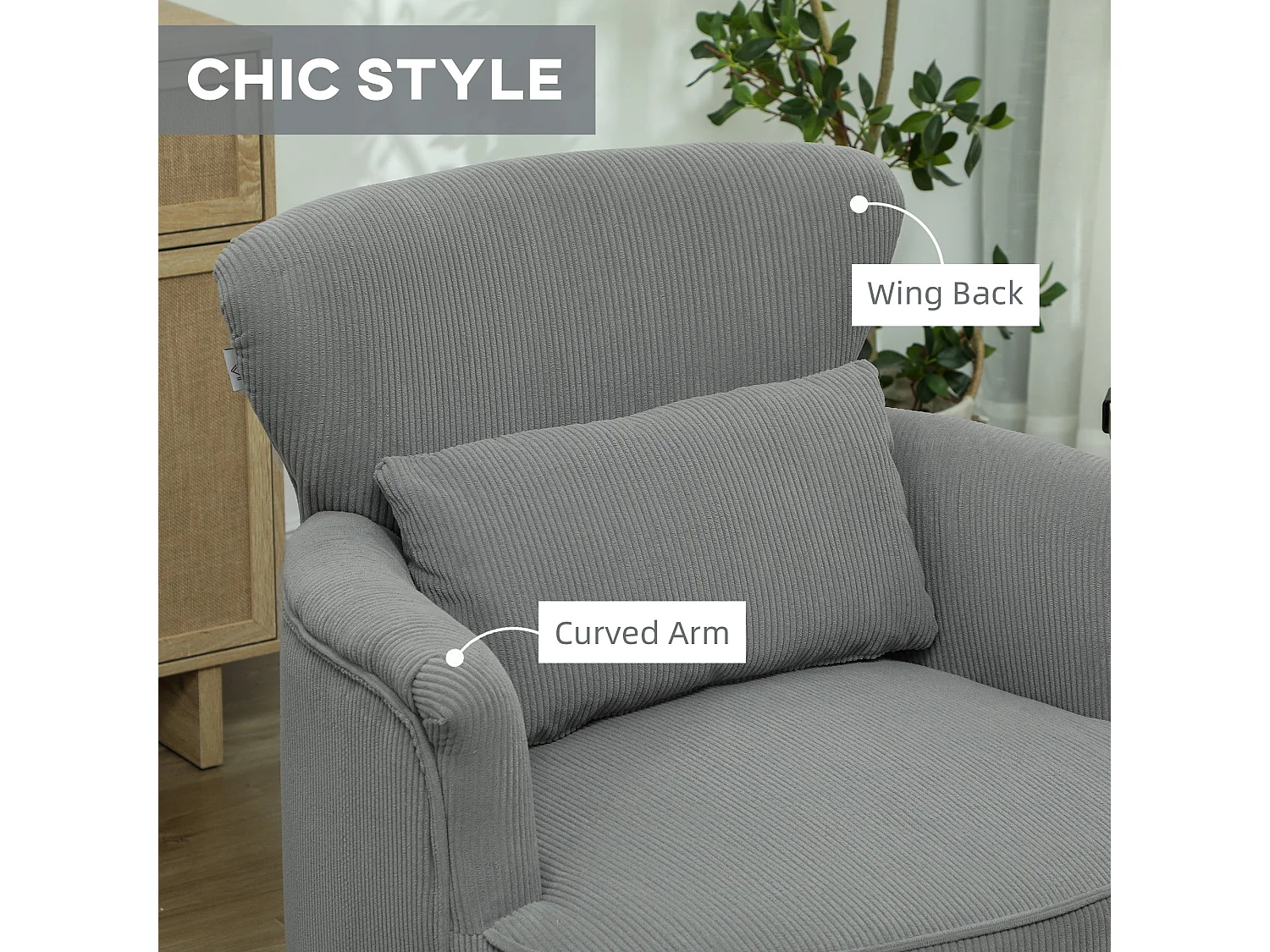 Zile Corduroy Accent Chair Light Grey Retro Wingback Angled Wooden Legs