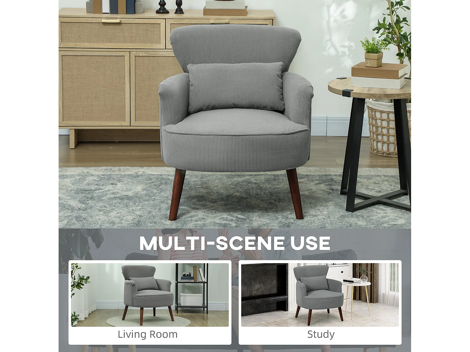 Zile Corduroy Accent Chair Light Grey Retro Wingback Angled Wooden Legs
