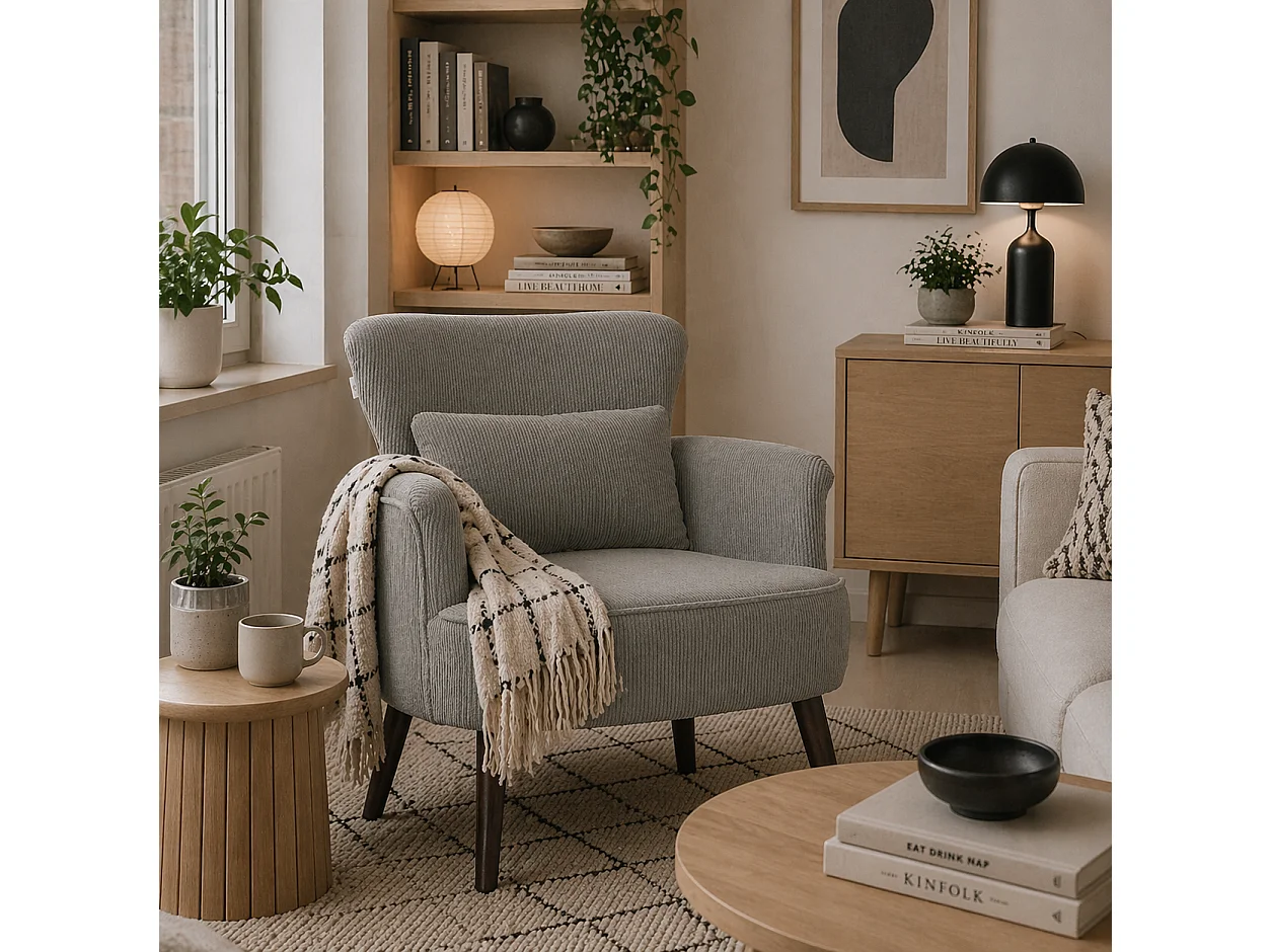 Zile Corduroy Accent Chair Light Grey Retro Wingback Angled Wooden Legs