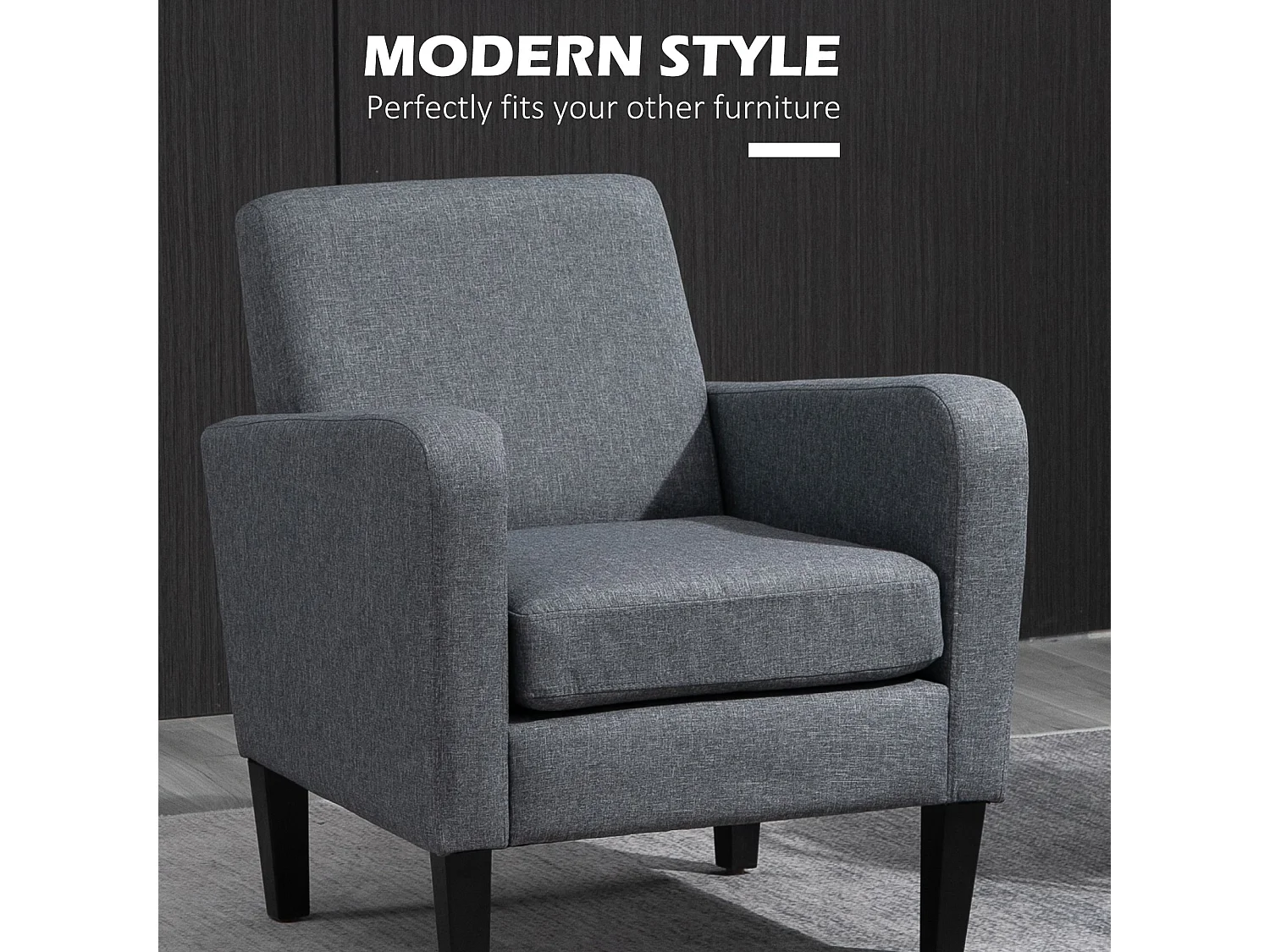 Notayo Grey Linen Feel Accent Chair with Black Rubber Wood Legs