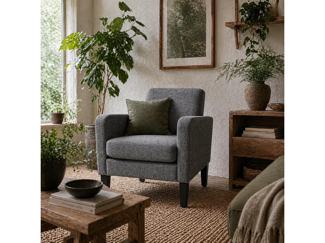 Notayo Grey Linen Feel Accent Chair with Black Rubber Wood Legs