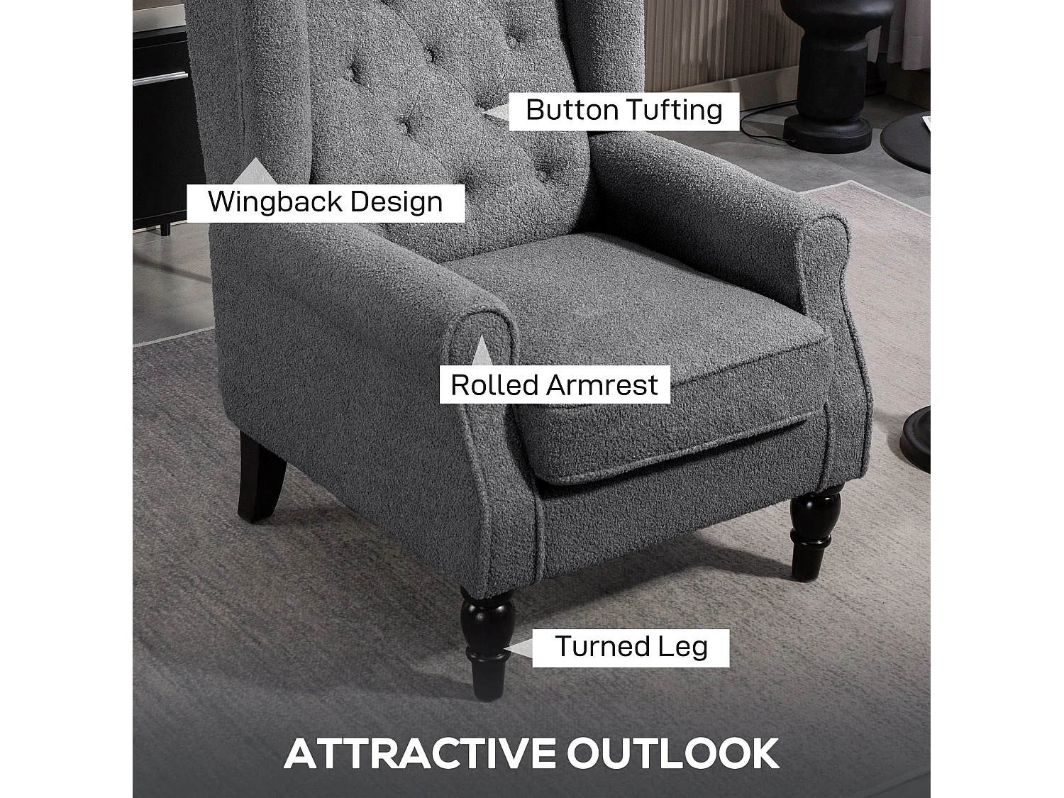 Nocova Charcoal Grey Bouclé Wingback Accent Armchair Sherpa Fleece Upholstery