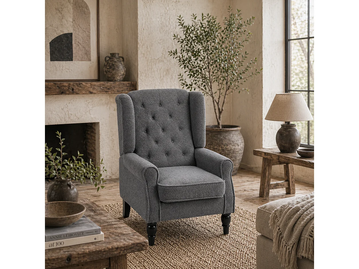 Nocova Charcoal Grey Bouclé Wingback Accent Armchair Sherpa Fleece Upholstery