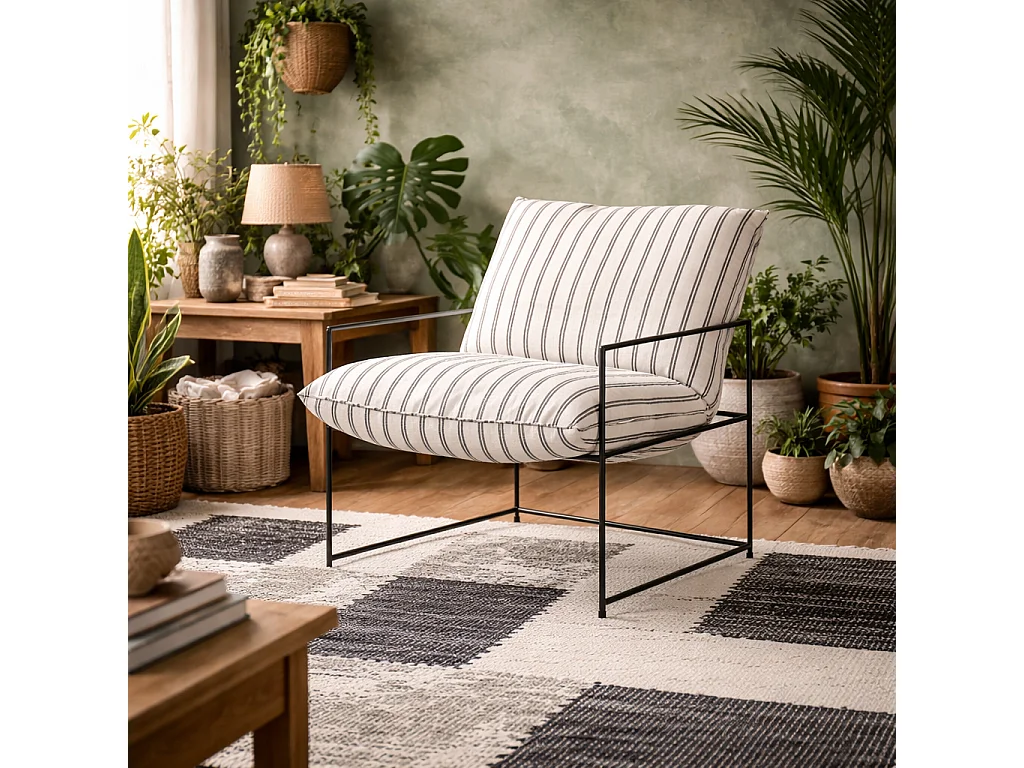 Drogheda Stripe Accent Chair White Chalk Stripe Matt Black Metal Frame