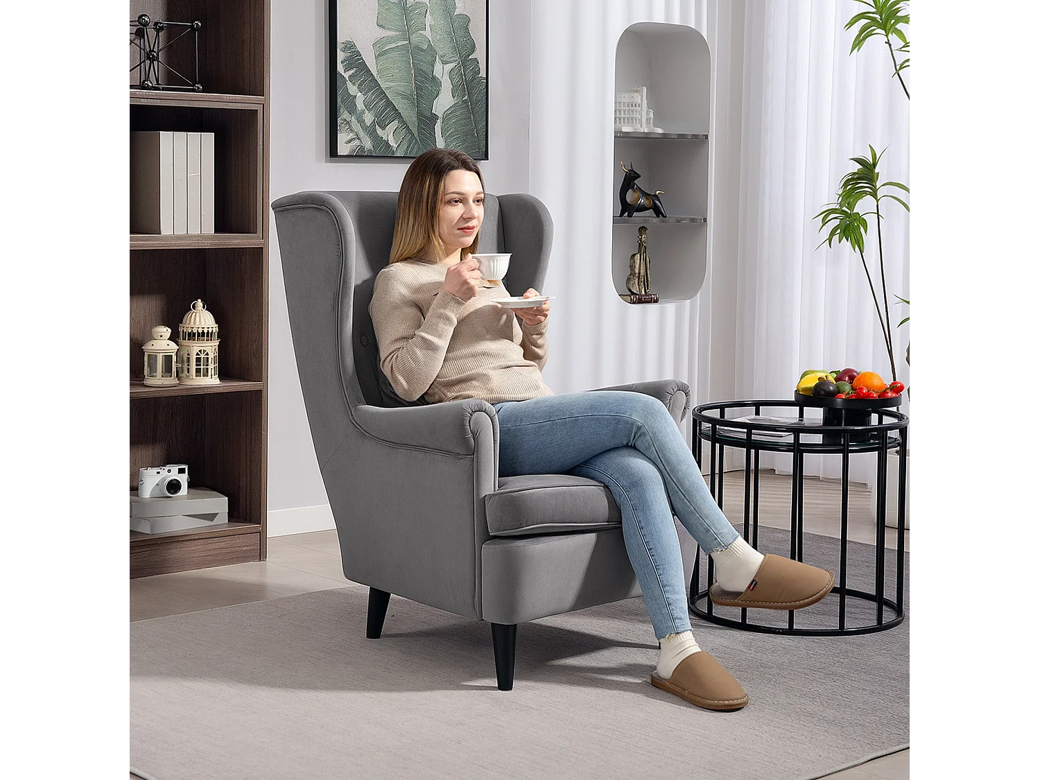 Harire Dark Grey Velvet Feel Wingback Accent Chair High Back Pillow Solid Wood Legs