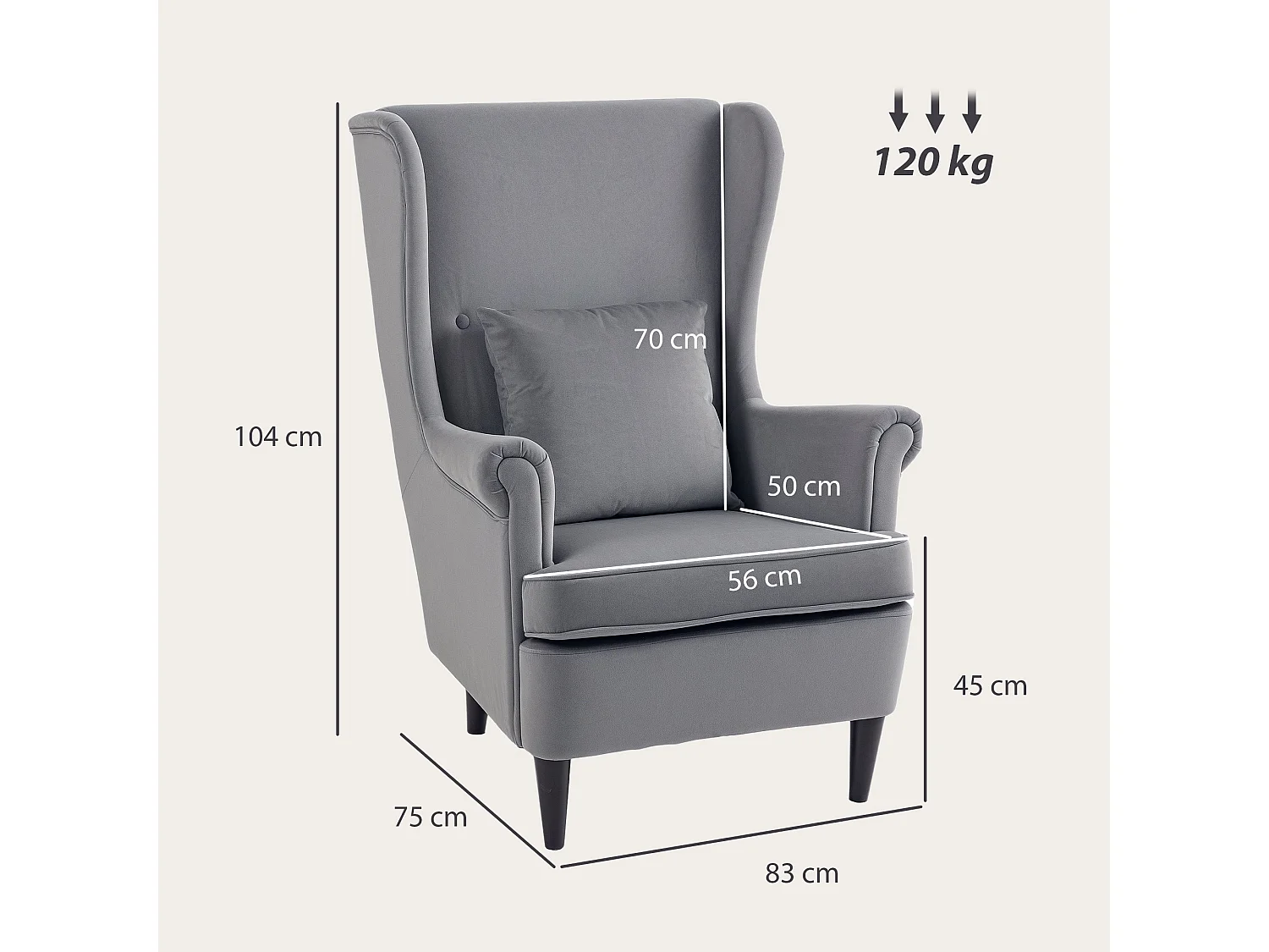 Harire Dark Grey Velvet Feel Wingback Accent Chair High Back Pillow Solid Wood Legs