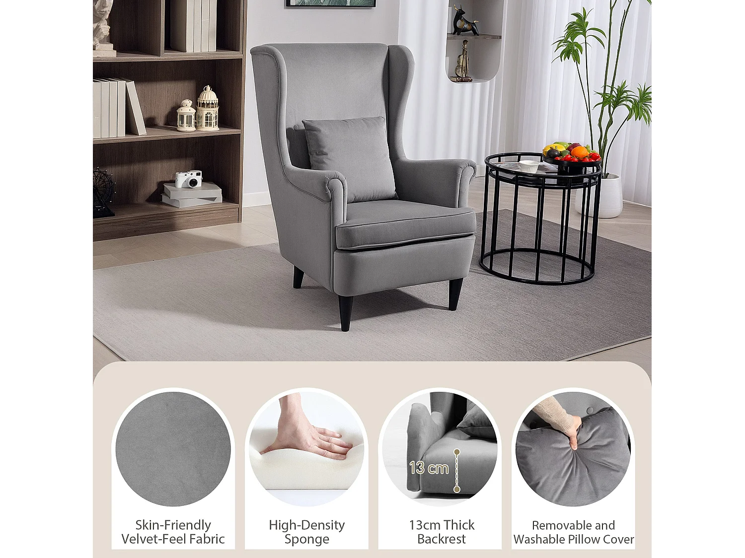 Harire Dark Grey Velvet Feel Wingback Accent Chair High Back Pillow Solid Wood Legs