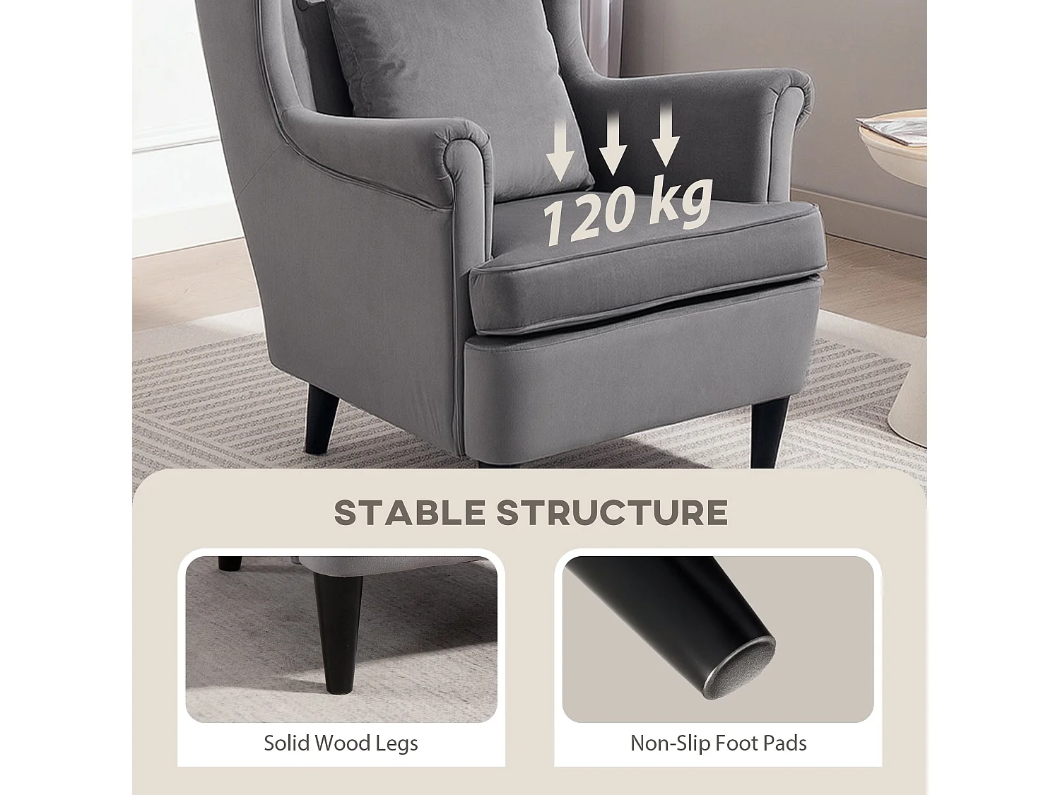Harire Dark Grey Velvet Feel Wingback Accent Chair High Back Pillow Solid Wood Legs