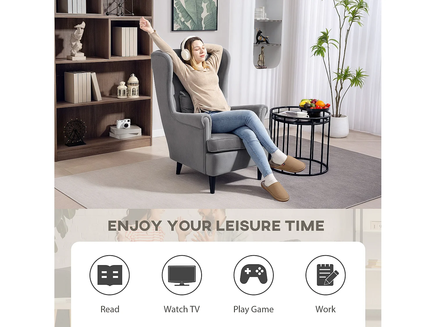 Harire Dark Grey Velvet Feel Wingback Accent Chair High Back Pillow Solid Wood Legs