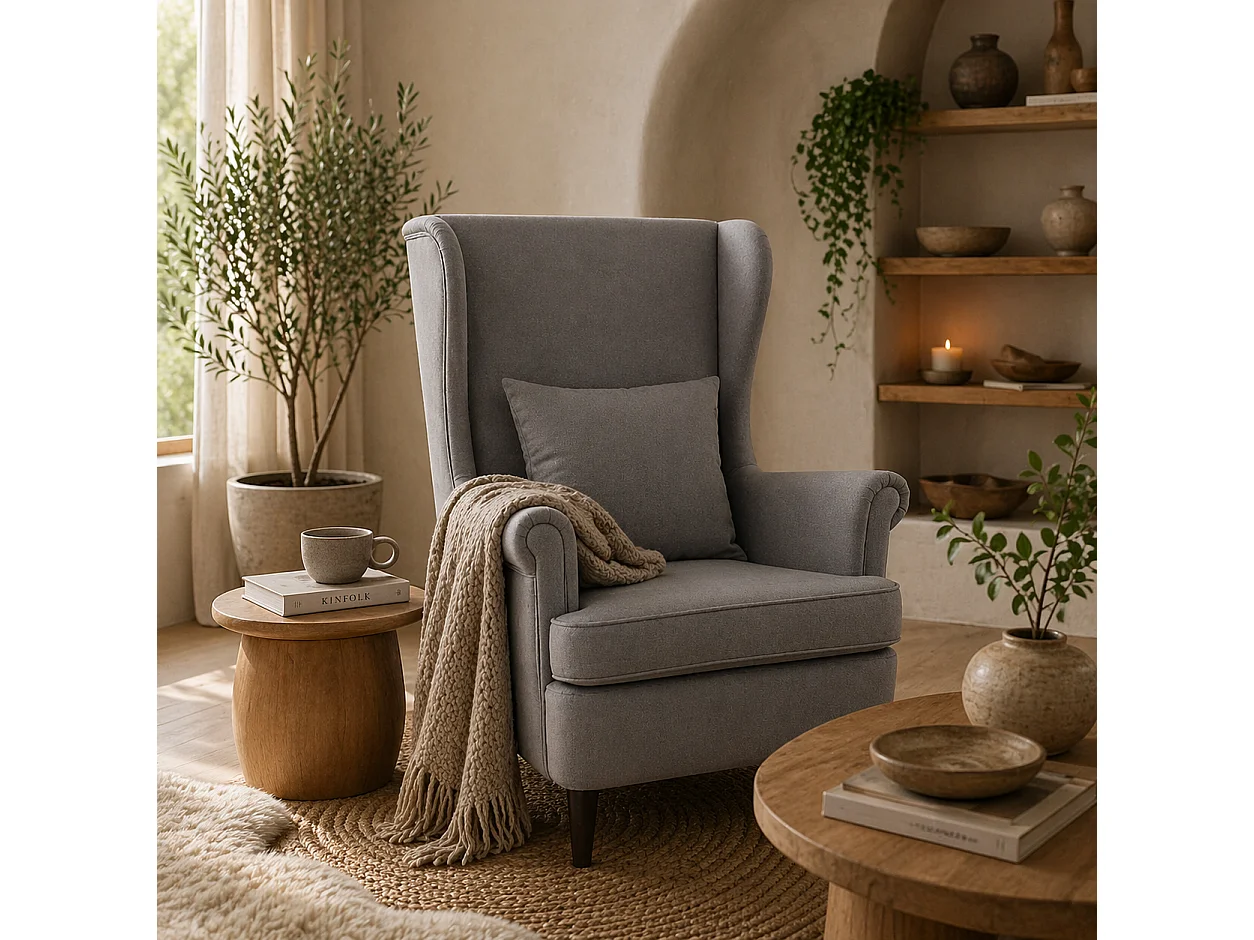Harire Dark Grey Velvet Feel Wingback Accent Chair High Back Pillow Solid Wood Legs