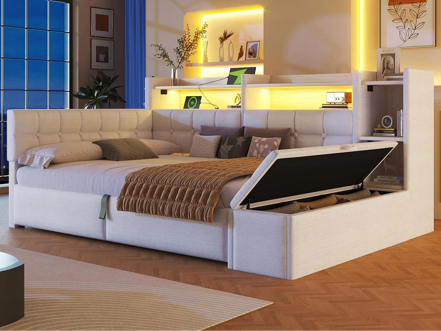 Bäddsoffa med förvaring 140 × 200 cm - med USB + Type-C-portar - förvaringsbänk vid sängens fotände - med LED-ljusslinga - vit