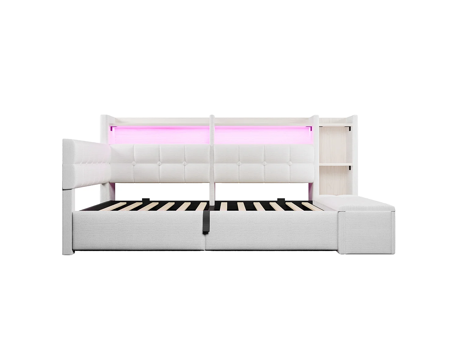 Bäddsoffa med förvaring 140 × 200 cm - med USB + Type-C-portar - förvaringsbänk vid sängens fotände - med LED-ljusslinga - vit