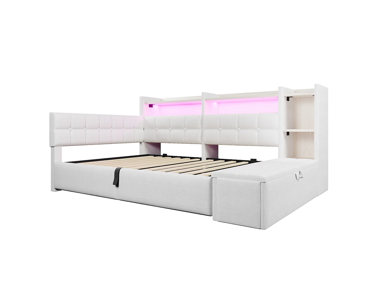 Bäddsoffa med förvaring 140 × 200 cm - med USB + Type-C-portar - förvaringsbänk vid sängens fotände - med LED-ljusslinga - vit