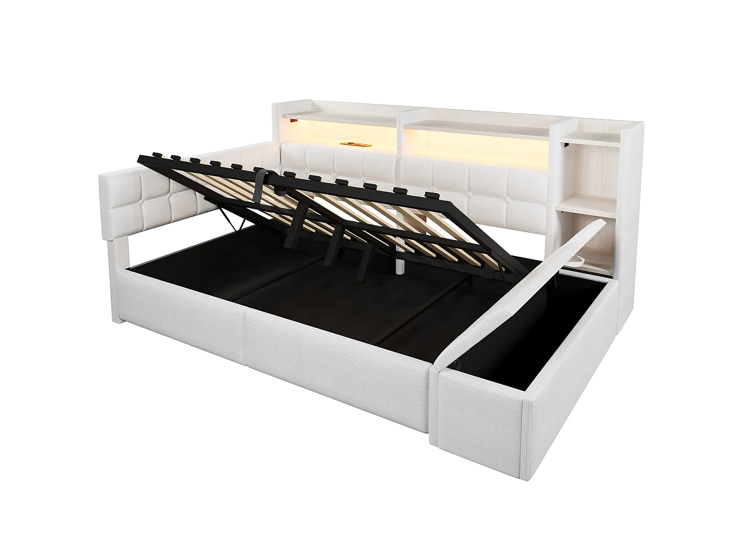 Bäddsoffa med förvaring 140 × 200 cm - med USB + Type-C-portar - förvaringsbänk vid sängens fotände - med LED-ljusslinga - vit